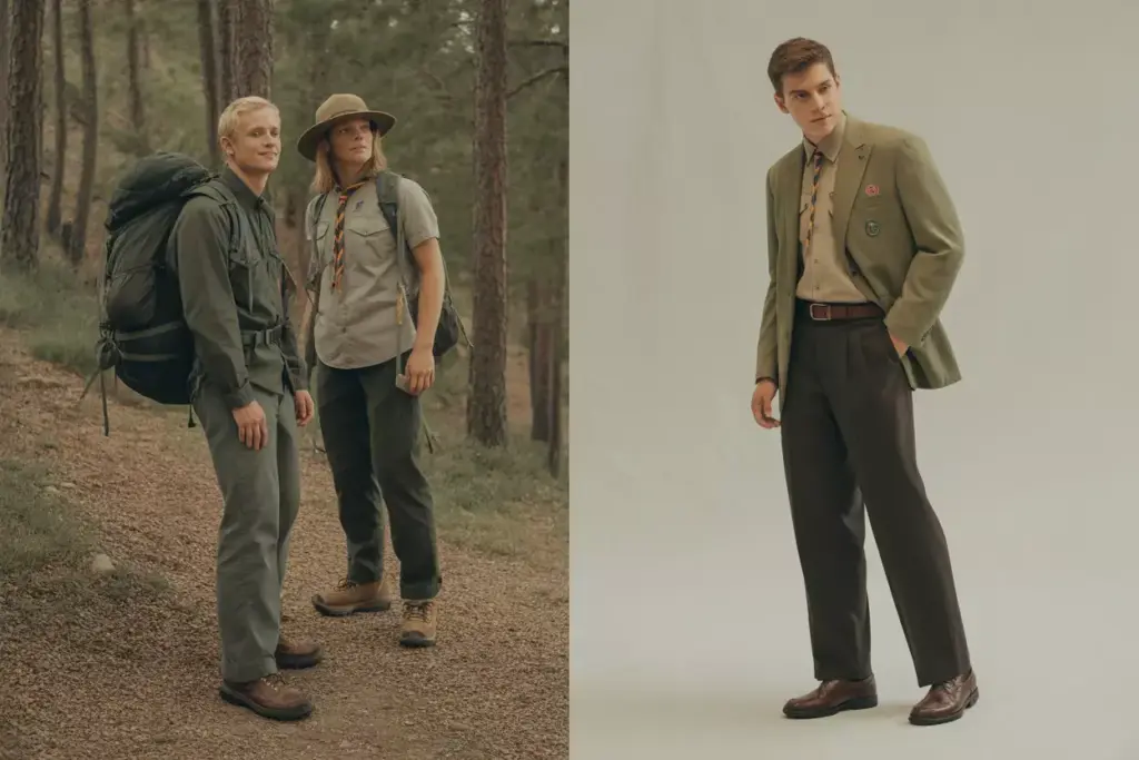 Two people in Scout uniforms outdoors; one person indoors in a green blazer and Scout scarf, standing on white.