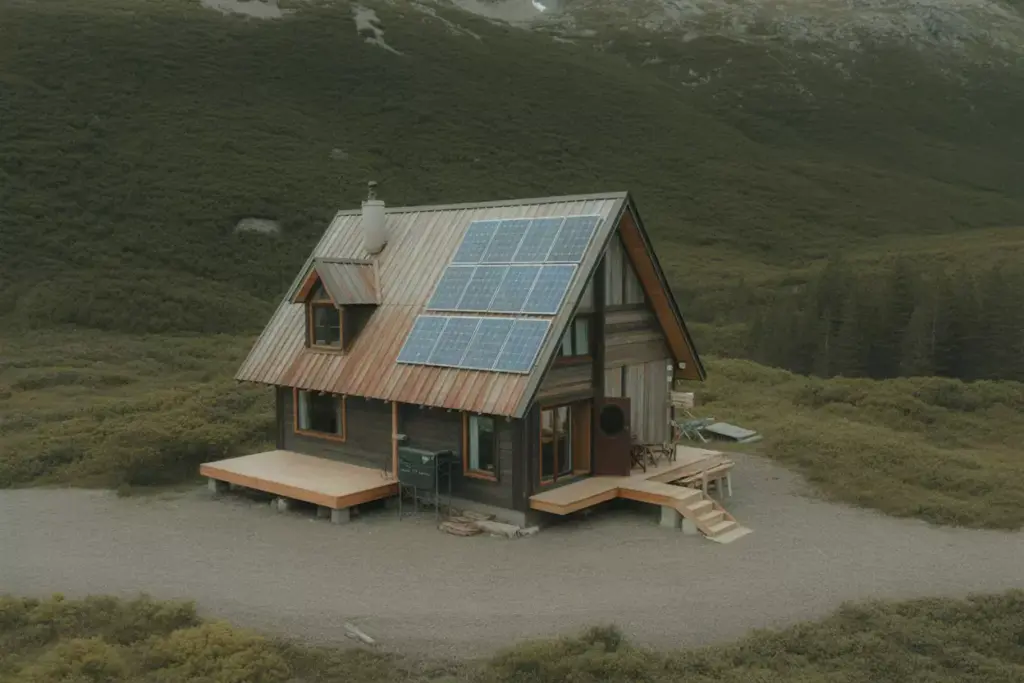 Off Grid Rustic Cabin With Solar Panels And Rainwater Collection System