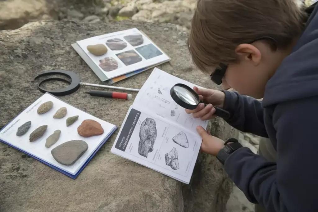 Teen Geologist Examining Rock Textures With Magnifying Glass And Guide