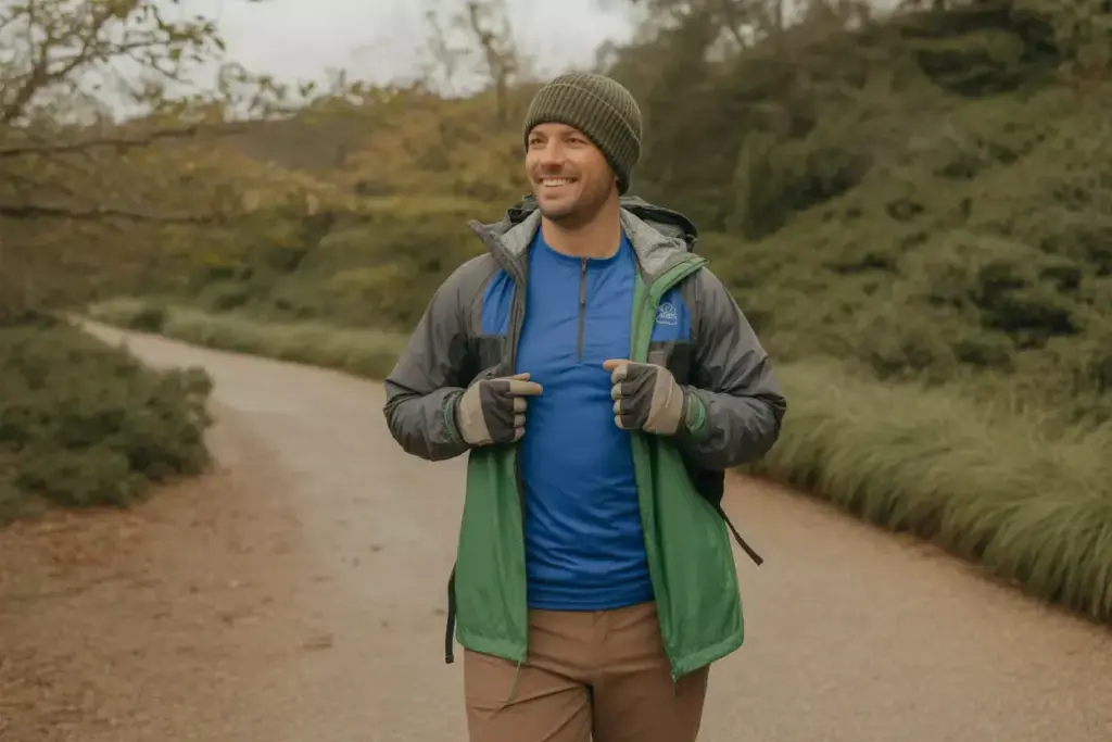 Man in outdoor gear smiles while walking on a path surrounded by greenery and trees on a cloudy day.