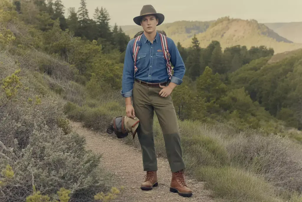 Person in outdoor clothing stands on a dirt trail with trees and hills in the background, holding a hat and bag.