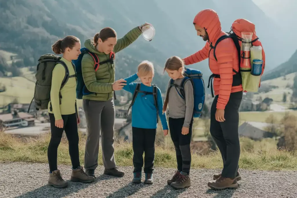 A family in hiking gear comforts a boy who looks sad on a scenic mountain path.