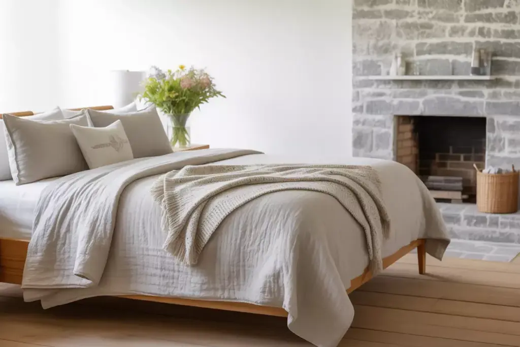 Well Maintained Spring Cabin Bedroom With Fresh Linens And Wildflowers