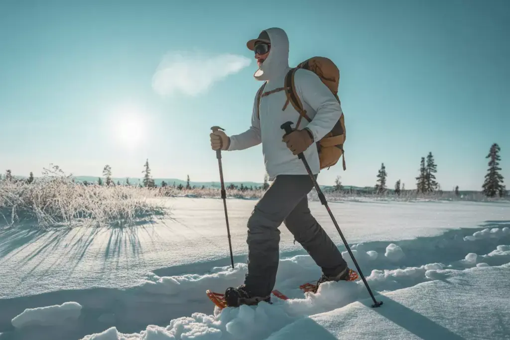 Person snowshoeing in a snowy landscape, wearing winter gear and carrying a backpack under a clear sky.