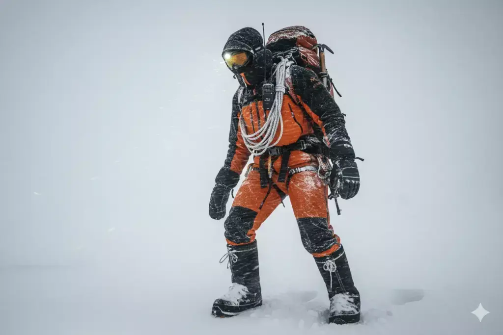 Climber in orange gear stands in snowy, windy conditions with mountaineering equipment on their back.