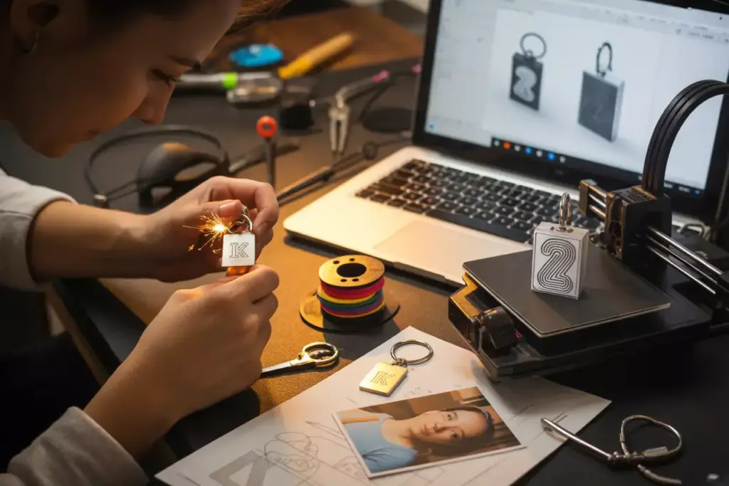 A person laser-engraves a metal keychain at a desk with a laptop, tools, and design sketches.