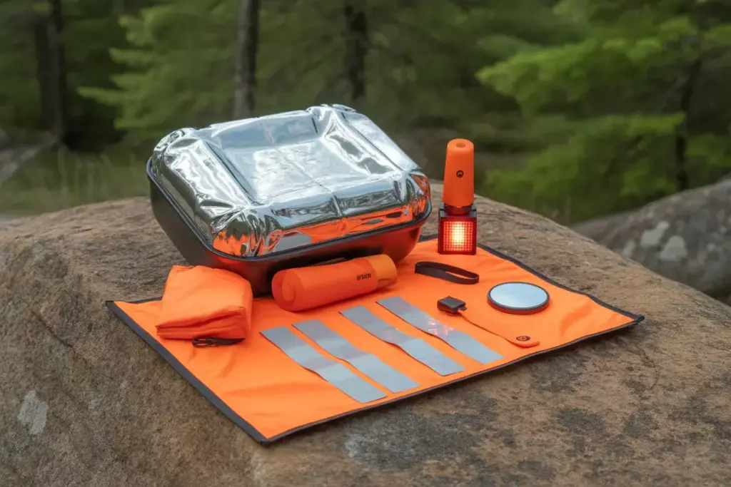 Orange emergency kit with reflective vest, flashlight, blanket, and tools on a rock outdoors.