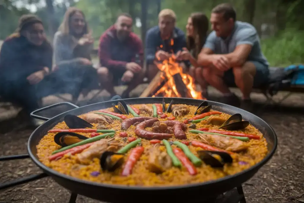 Campfire Paella Adventure Cast Iron Skillet Colorful Rice Chicken Sausage Seafood Outdoor Feast