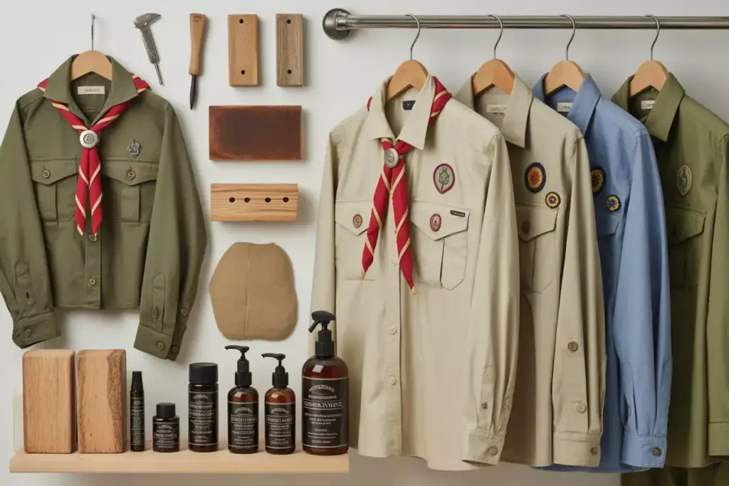 Four scout shirts with scarves hang beside grooming products, wooden blocks, and scout badges on a wall.