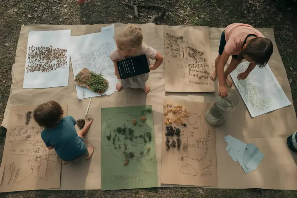Children Creating Ecosystem Texture Maps Of Forest Meadow And Water Zones