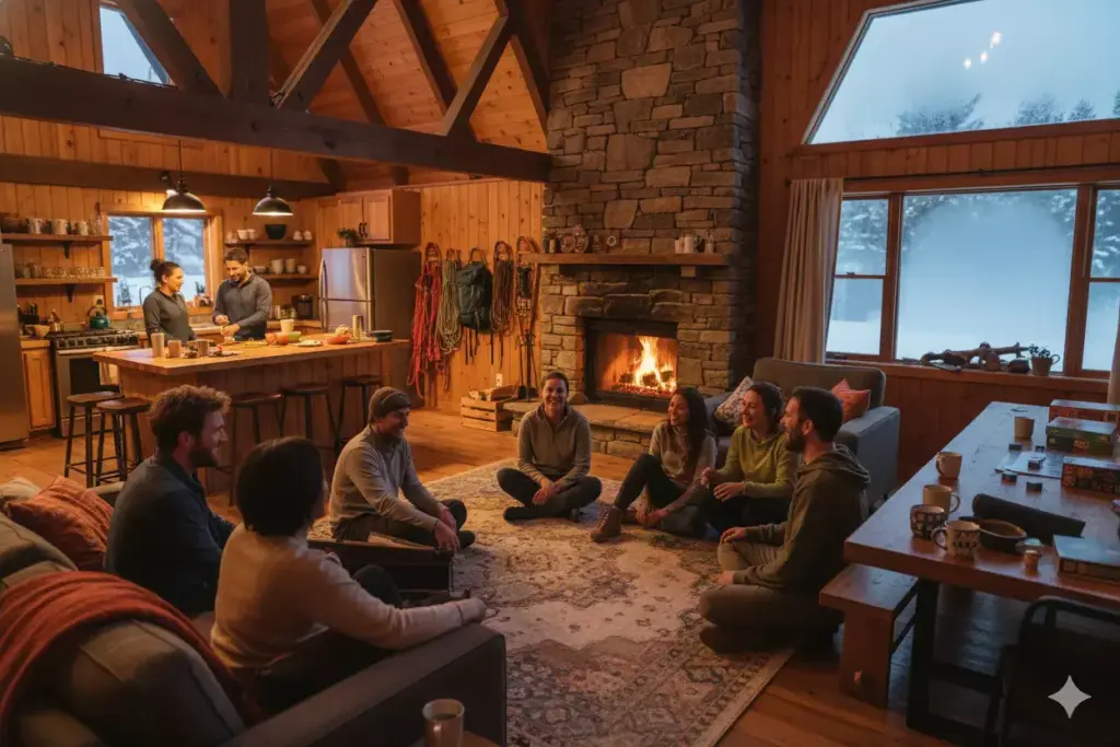 Community Connection A Frame Cabin Interior With Diverse Adventure Group Gathering