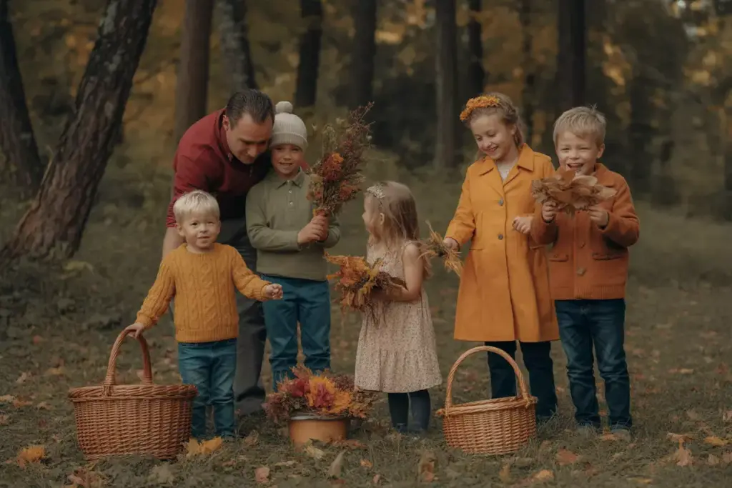 Family Celebrating Autumn In Forest With Leaf Collections And Traditions