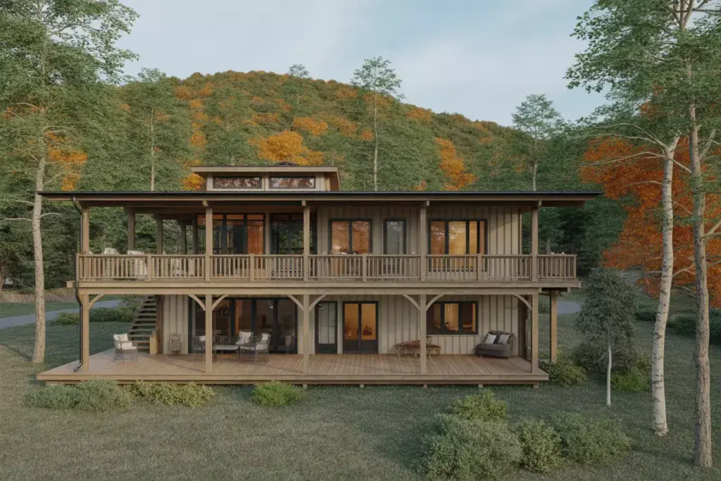 Four Season Resort Cabin With Covered Porch Decks And Seasonal Landscaping