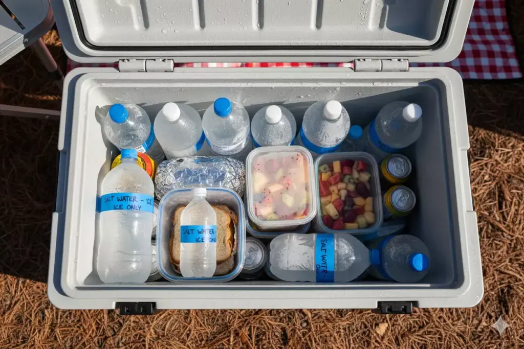 An open cooler filled with water bottles, food containers, canned drinks, and ice packs.