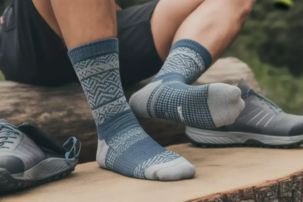 Person wearing blue patterned socks and shorts sits on a log outdoors, with shoes placed beside them.