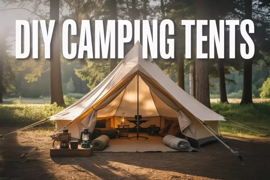 A canvas tent set up in a forest with “DIY Camping Tents” text above it.