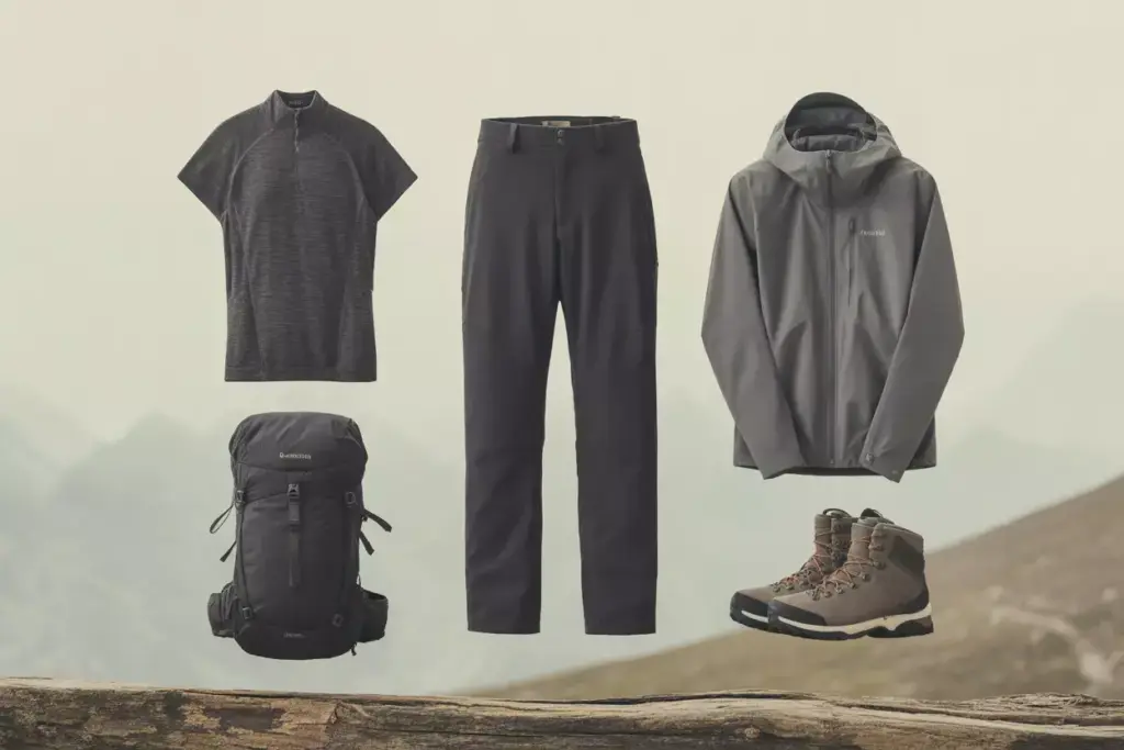 Outdoor gear set with a shirt, pants, jacket, backpack, and hiking boots, displayed against a mountain backdrop.