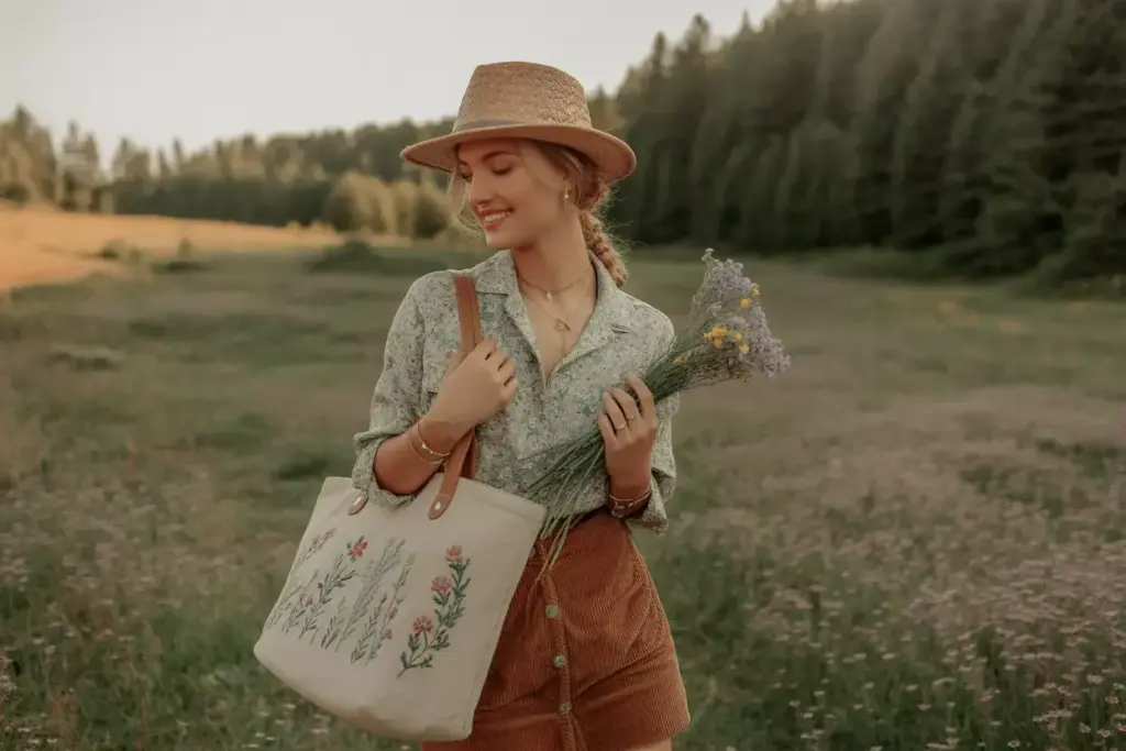 Woman in a hat holding wildflowers and a tote bag, standing in a sunlit meadow with trees in the background.