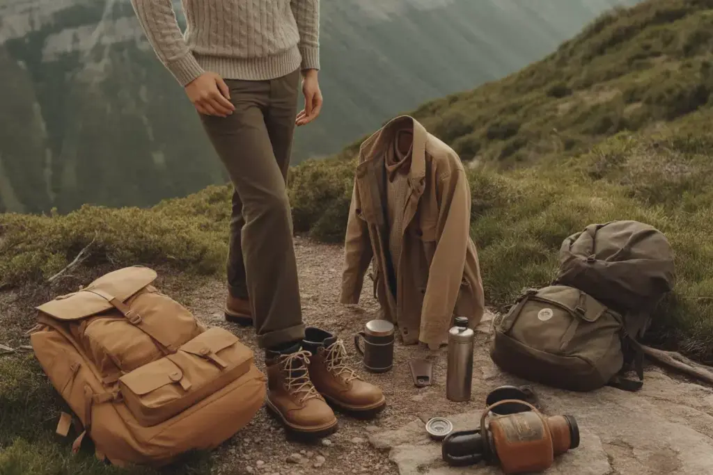 Person standing on a mountain trail with backpacks, boots, jacket, and camping gear laid out on the ground.
