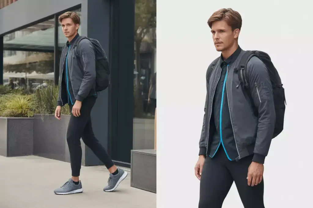 Man wearing a gray jacket, blue shirt, black leggings, gray sneakers, and a black backpack outdoors.