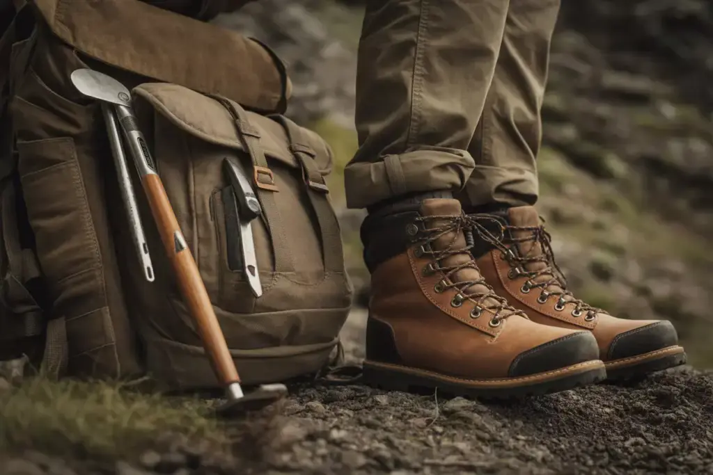 Close-up of hiking boots, a backpack, and a hatchet on rocky ground outdoors.