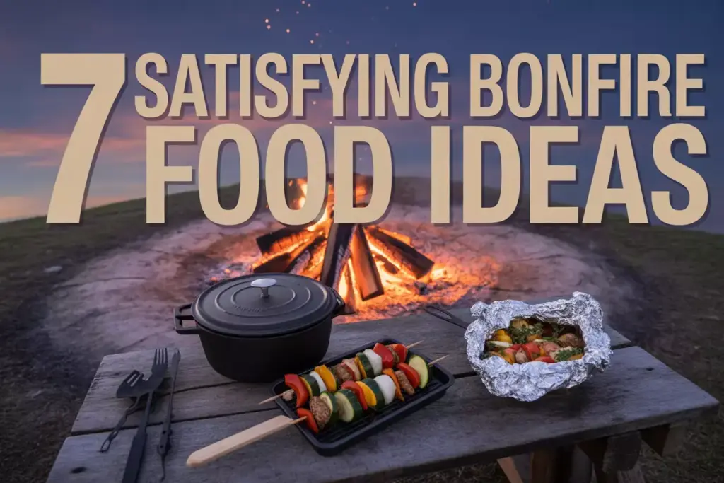 Cover 1 Rustic Wooden Table Bonfire Cooking Implements Starry Night Sky