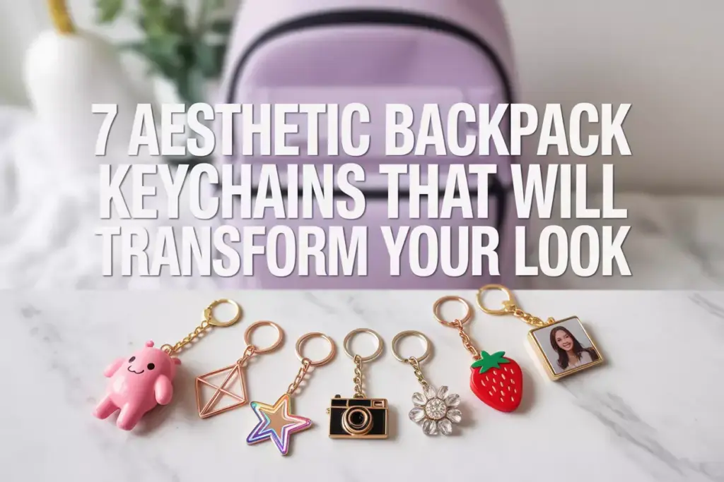 A pastel purple backpack with seven cute keychains displayed in front, and bold text about backpack keychains.
