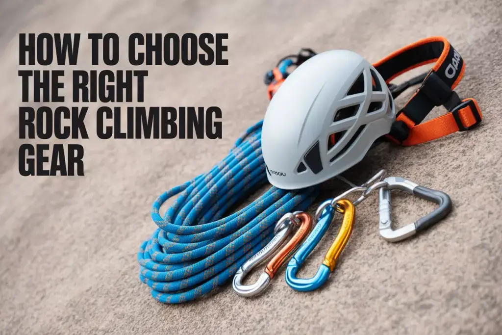 Climbing rope, helmet, harness, and carabiners laid out on the ground with text about choosing climbing gear.