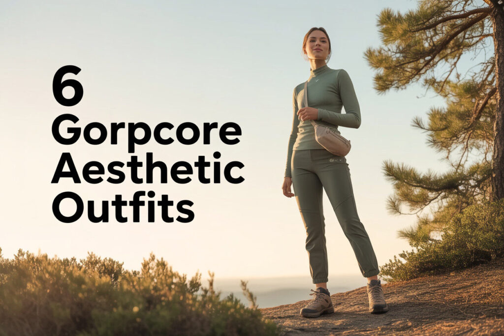 Woman in outdoor activewear stands on a hill; text reads 6 Gorpcore Aesthetic Outfits.