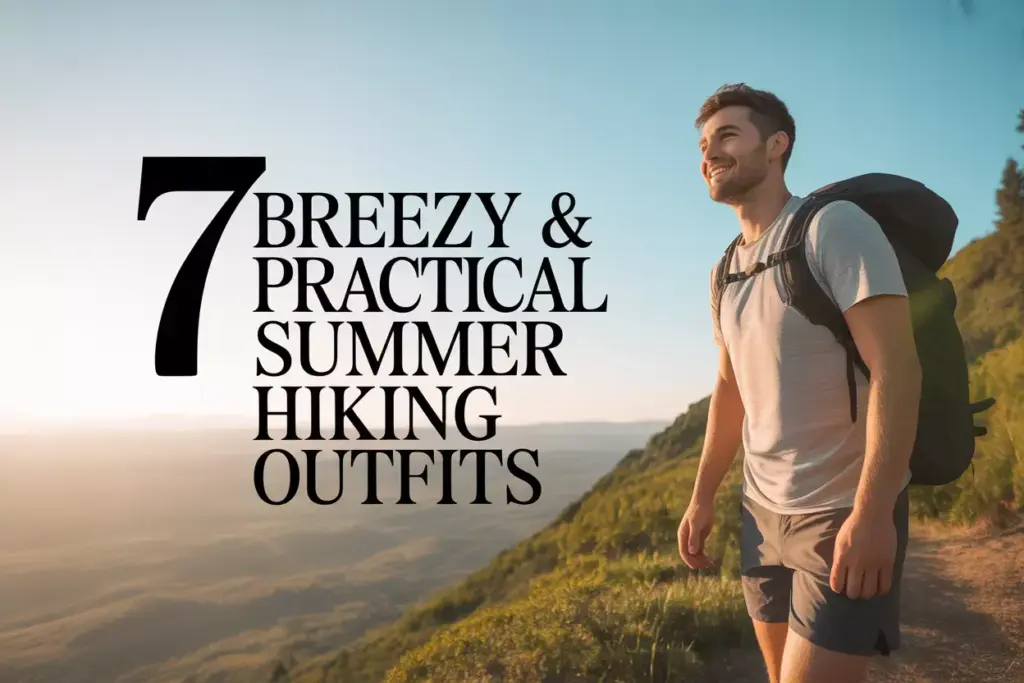 Smiling man in hiking gear stands on a sunlit trail with text: 7 Breezy & Practical Summer Hiking Outfits.