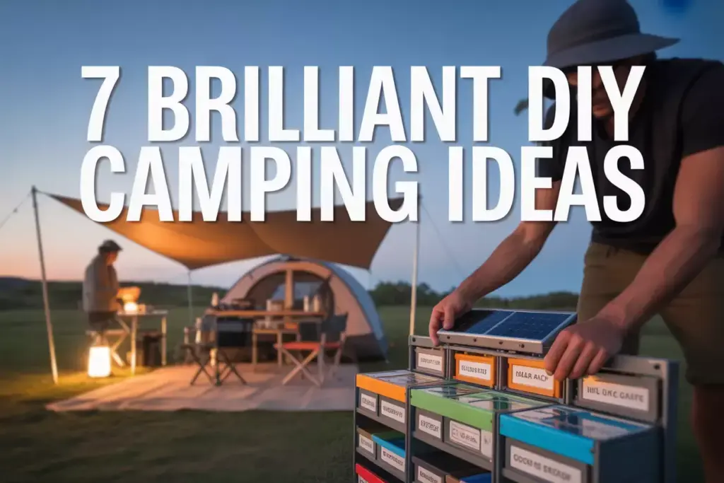 Two people camping with storage boxes; text reads 7 Brilliant DIY Camping Ideas.