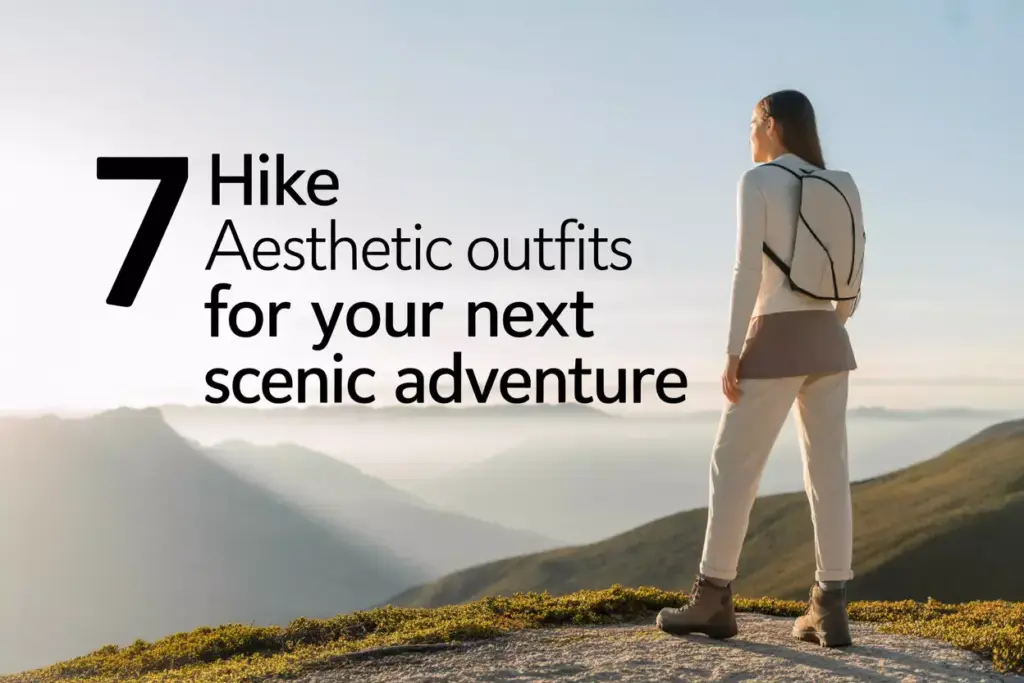Woman in stylish hiking outfit stands on mountain, overlooking scenic landscape at sunrise; text promotes hiking outfits.