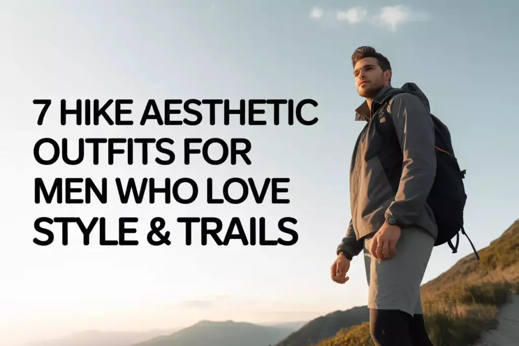 Man in hiking gear stands on a mountain trail at sunrise with bold text about stylish hiking outfits.
