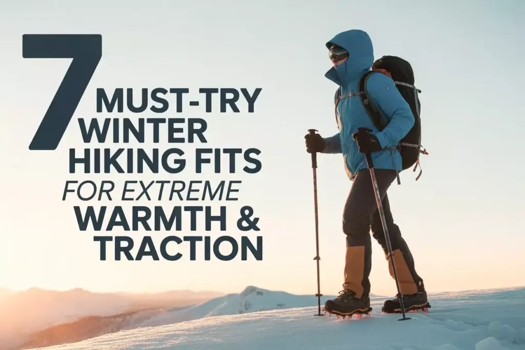 Person in winter hiking gear stands on snowy mountain at sunrise, with text about winter hiking outfit tips.