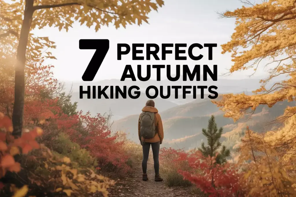 Person in autumn clothing hikes on a scenic trail surrounded by colorful fall foliage; text overlays image.