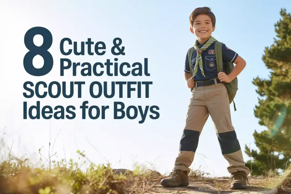 Smiling boy in a scout uniform stands outdoors with hands on hips, text about scout outfit ideas beside him.