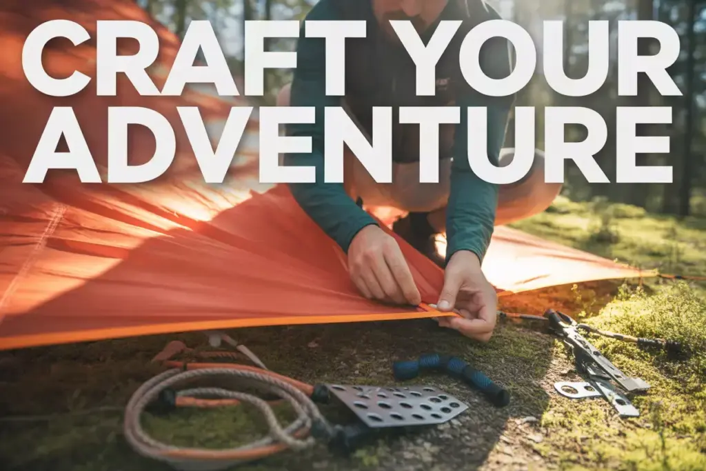 Person setting up an orange tent outdoors with CRAFT YOUR ADVENTURE text over the image.