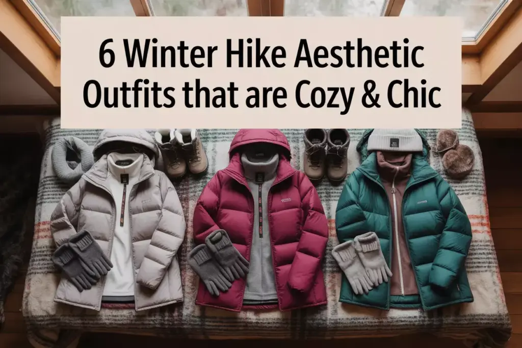 Three winter jackets, sweaters, boots, gloves, and hats arranged on a bench under large windows.