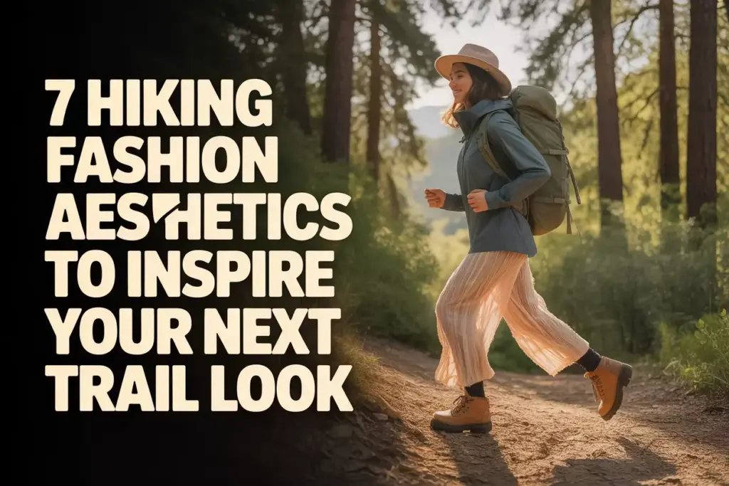 Woman hiking in stylish outdoor clothes, text reads: 7 hiking fashion aesthetics to inspire your next trail look.