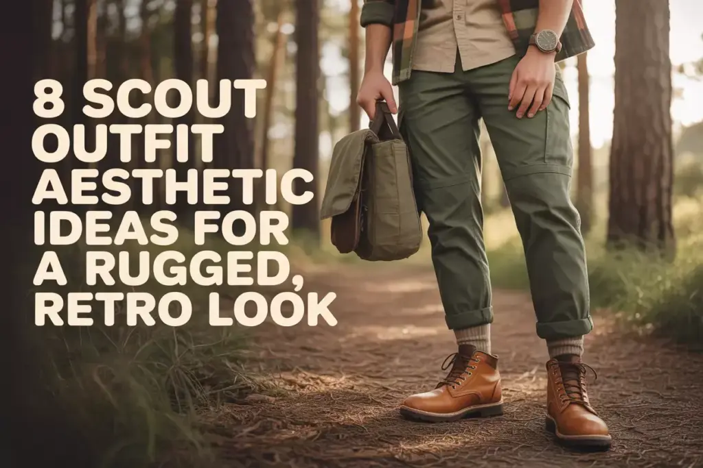 Person in scout-style outfit with green pants and boots standing in a forest, holding a green bag.