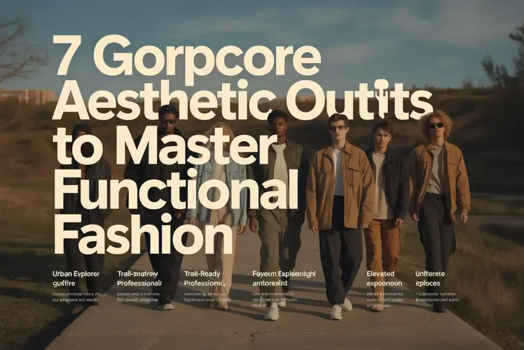 Six men in stylish gorpcore outfits walk outdoors under large text about mastering functional fashion.