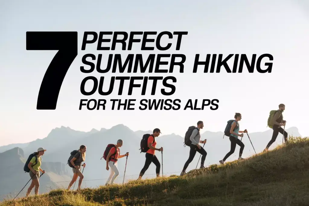 Seven hikers with backpacks hike uphill in the Swiss Alps; text reads 7 Perfect Summer Hiking Outfits.
