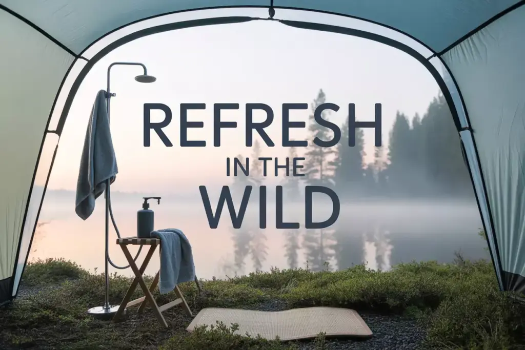 Outdoor shower setup by a lake, seen from a tent, with text REFRESH IN THE WILD over the misty water.