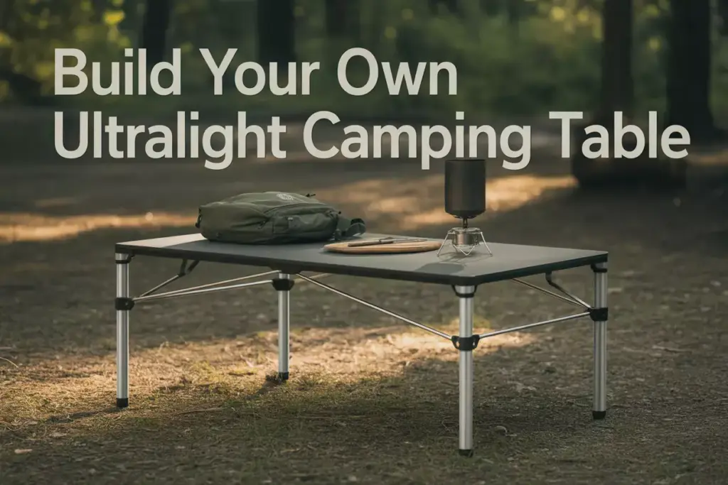 Ultralight camping table outdoors with gear on top, text: Build Your Own Ultralight Camping Table.