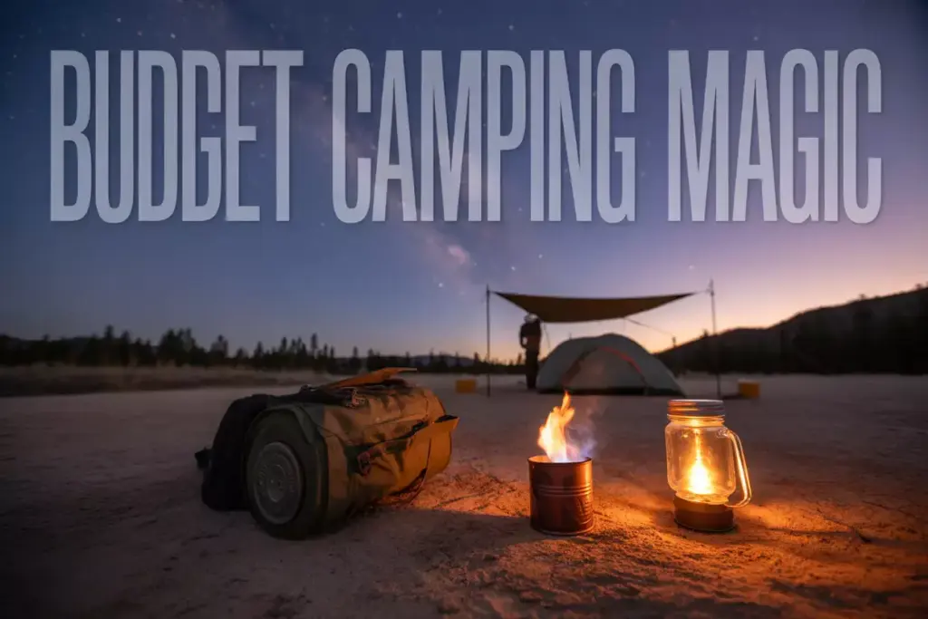 Camping gear and firelight at dusk with the words BUDGET CAMPING MAGIC in large text above.