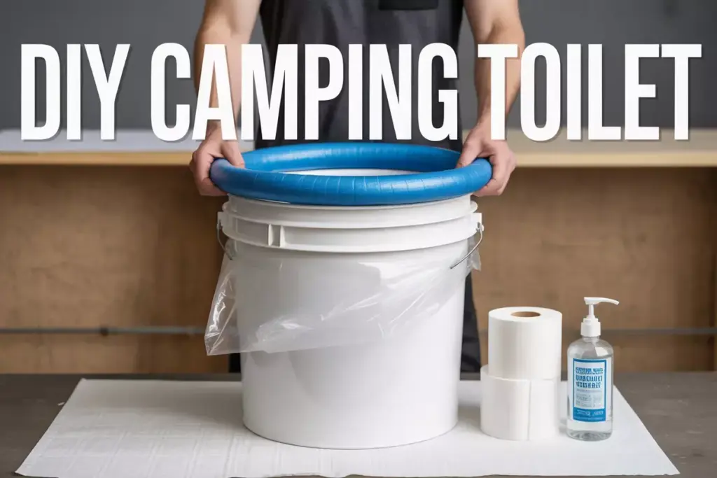 Person assembling a DIY camping toilet with a bucket, toilet paper, and hand sanitizer on a table.