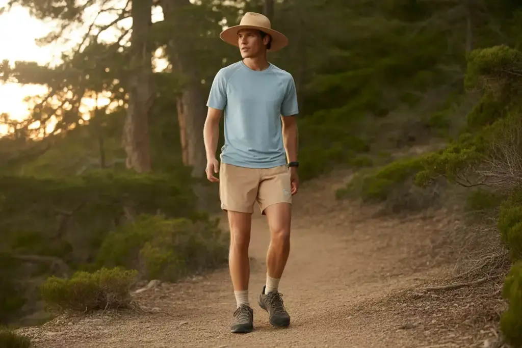A man in a hat, t-shirt, and shorts walks on a forest trail surrounded by trees and greenery.