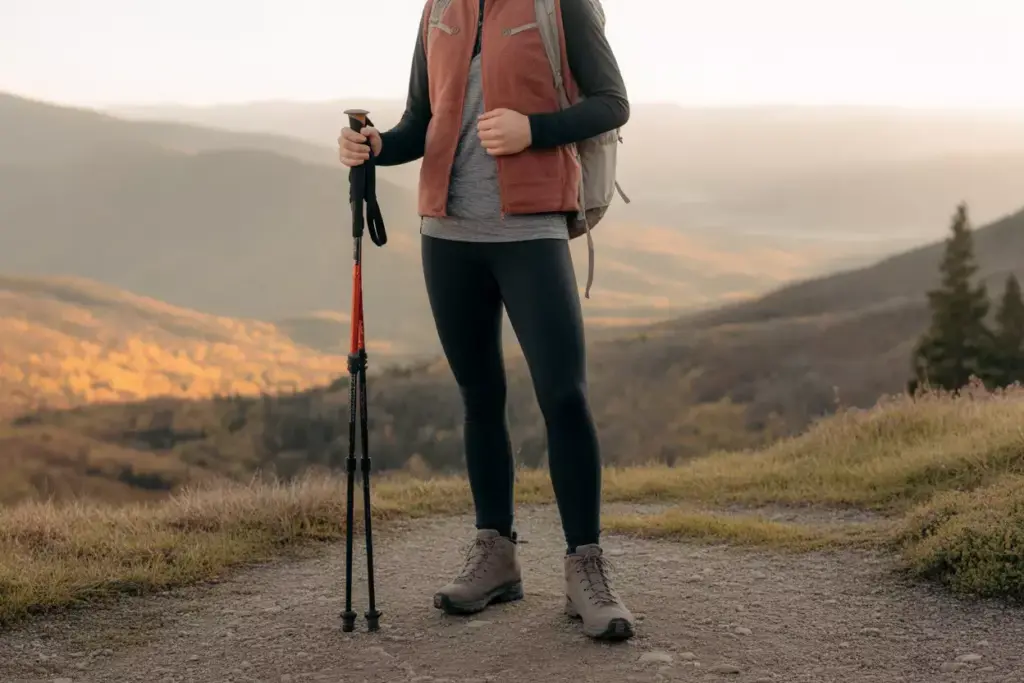 A hiker stands on a trail with trekking poles, mountains and valleys in the background.
