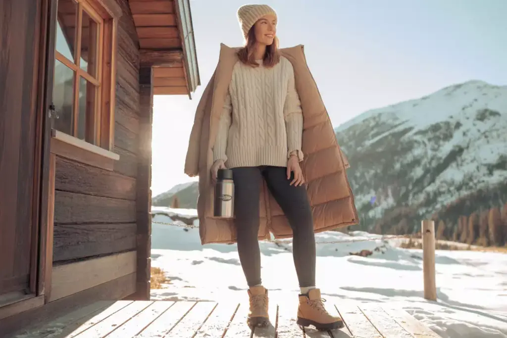 Woman in winter clothes stands on a snowy wooden deck by a cabin, holding a mug, with mountains in the background.