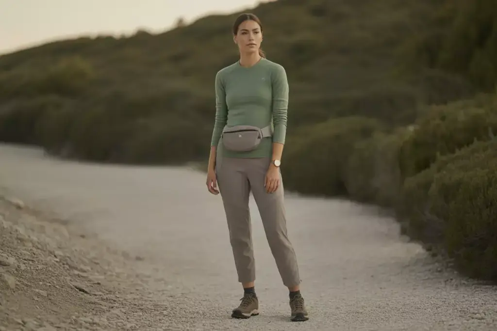 A woman stands on a gravel path outdoors, wearing outdoor clothing and hiking boots, surrounded by greenery.